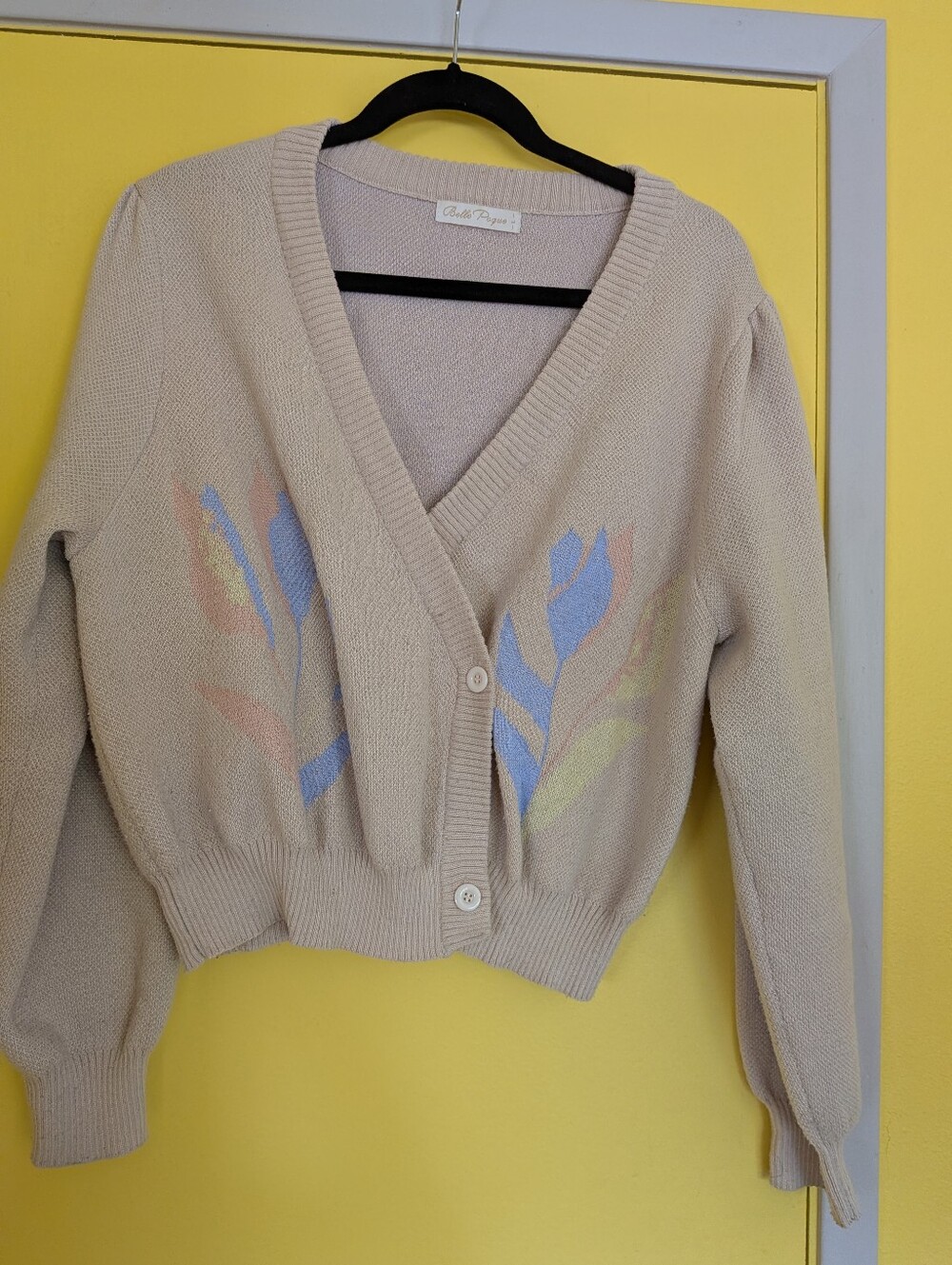 Beige V-Neck Button Cardigan with Pastel Tulip Motif